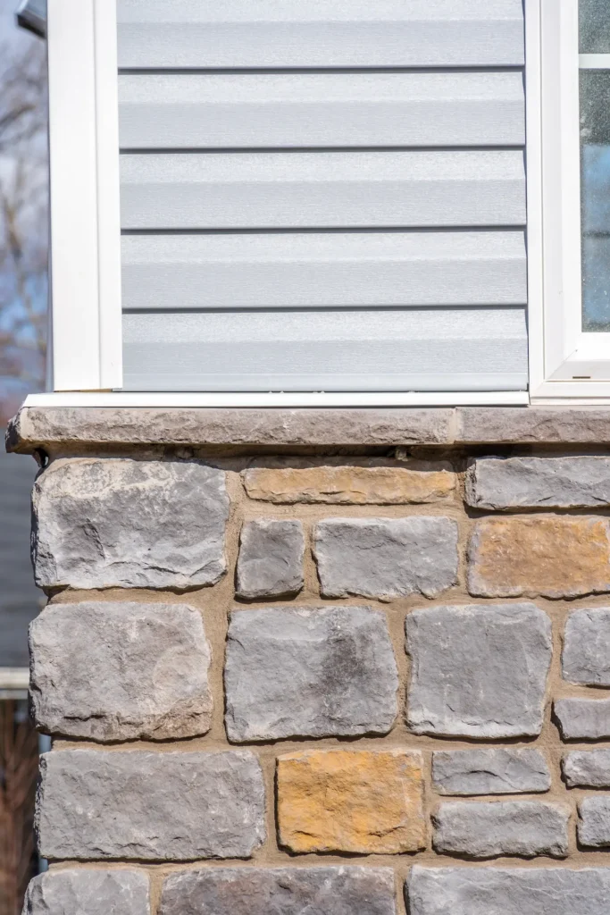 Fiber Cement vs Vinyl Siding: Which Is Better for Indiana? Light gray vinyl siding and stacked stone foundation on a house exterior.